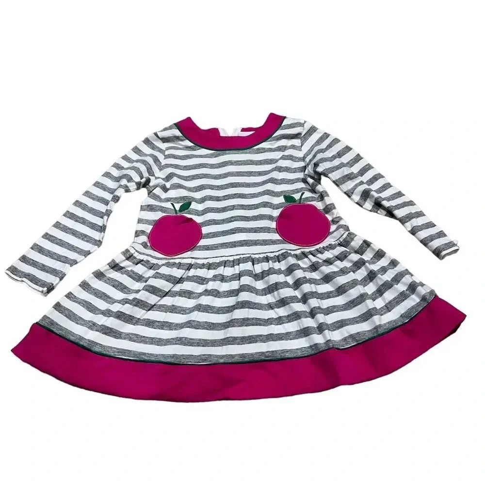 Florence Eiseman Girls 3T Stripe Knit Dress Gray Apple Appliques Casual